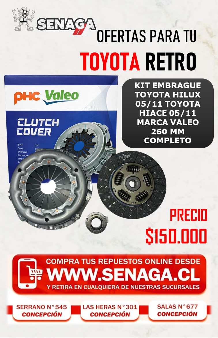 KIT EMBRAGUE HILUX 05/11 HIACE 05/11 VALEO 260 MM COMPLETO